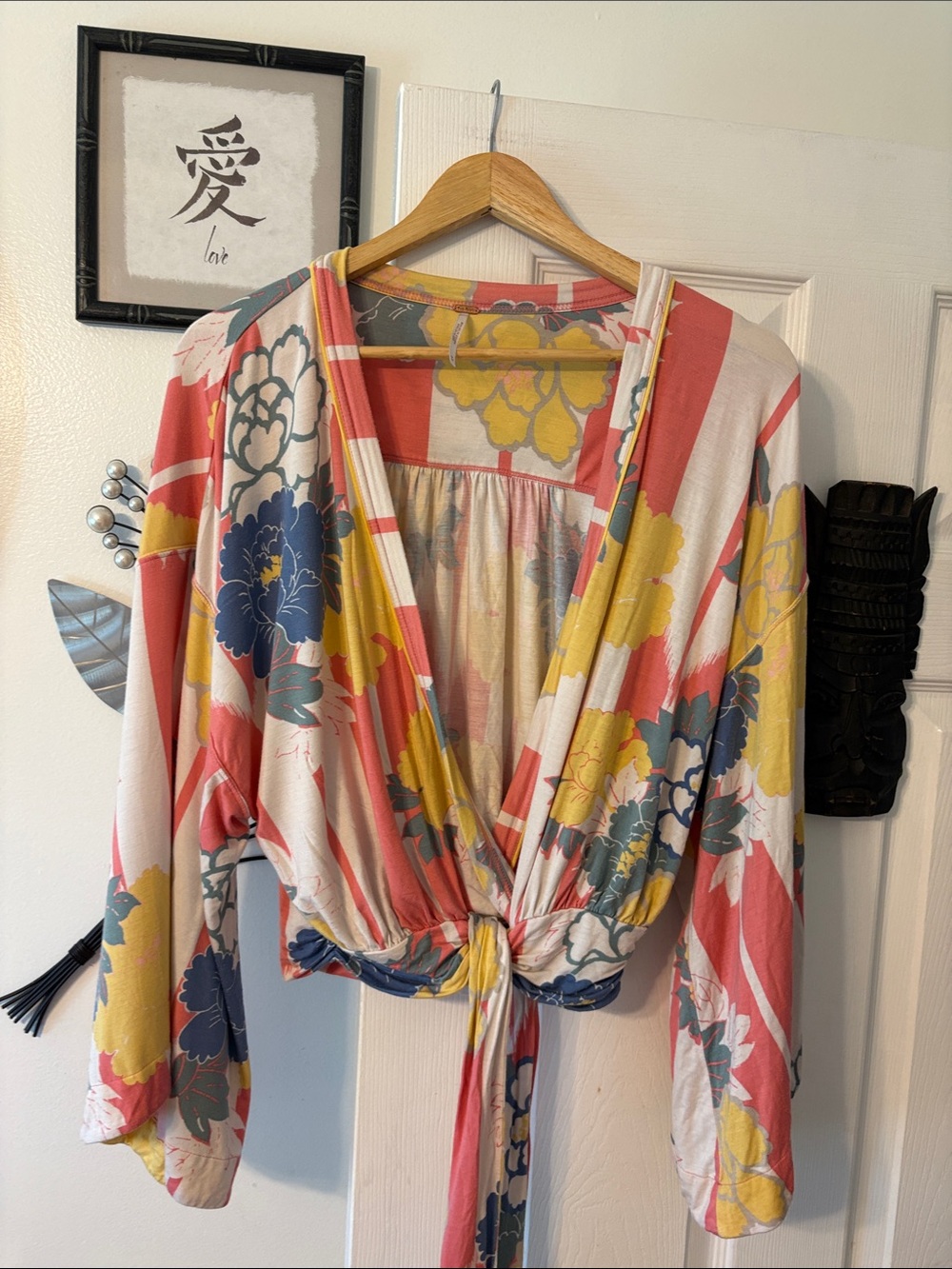 Free People Floral Wrap Blouse in Coral, Yellow, Blue, Cream